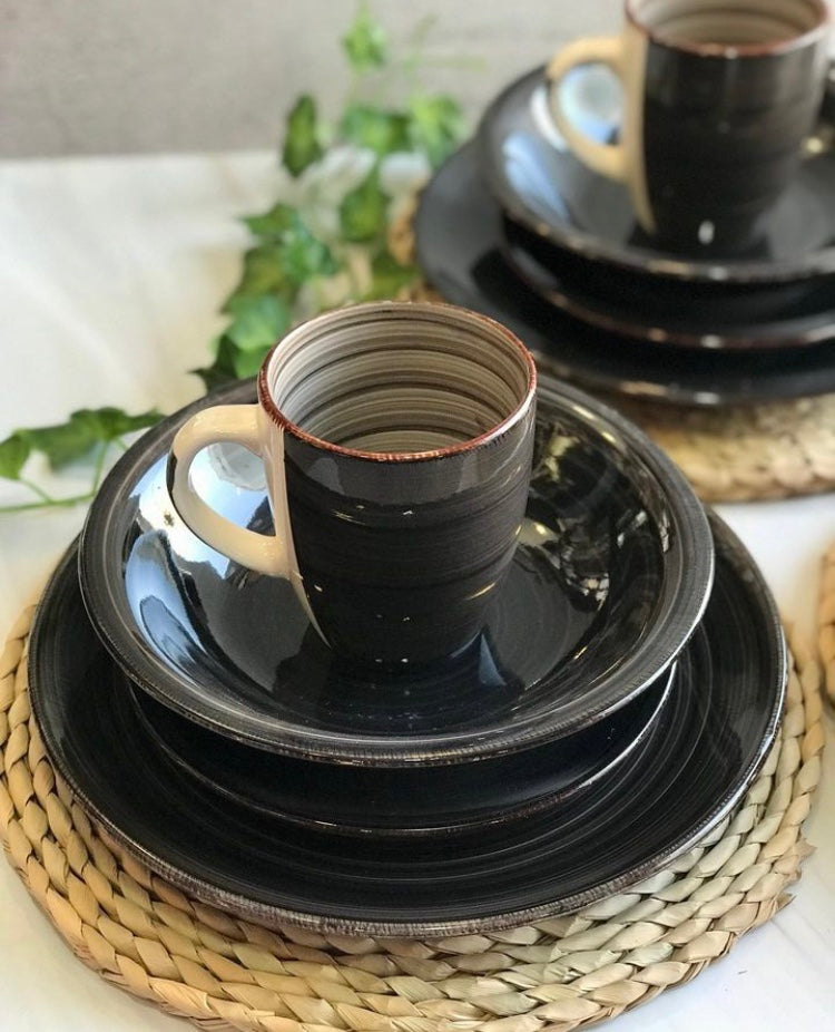 Elegant dinner sets including 6 cups, 6 side plates, 6 bowls, and 6 plates.